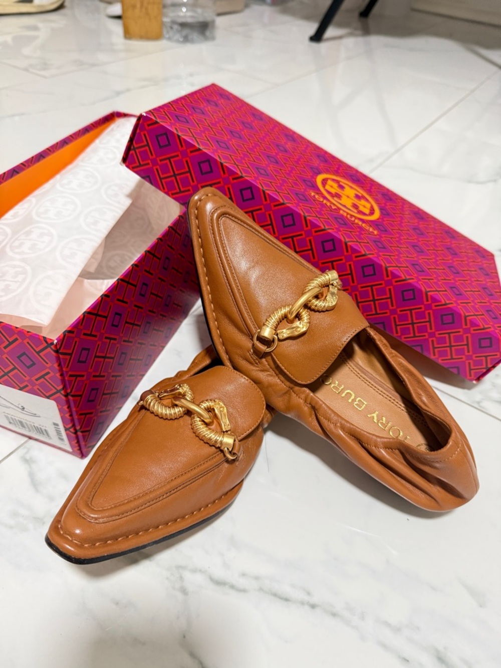 Tory Burch Cognac Leather Pointed Toe Loafers with Gold Rope Hardware